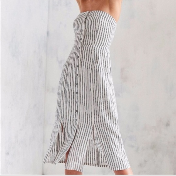BDG Dresses & Skirts - BDG strapless button-down linen blend white, black strip dress, slits in front